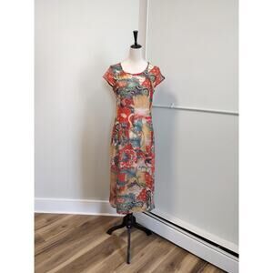 Vintage Y2K Red Floral Midi Dress M Boho Fairycore Sheer Romantic Keyingyi